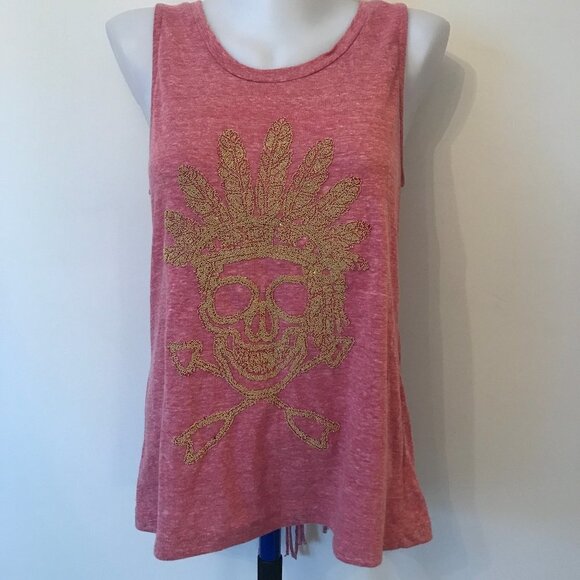 The Clas-sic Tops - The Clas-sic Skull Tee Tank Top Beaded Pink Heathered Shirt with Fringe Sz Large